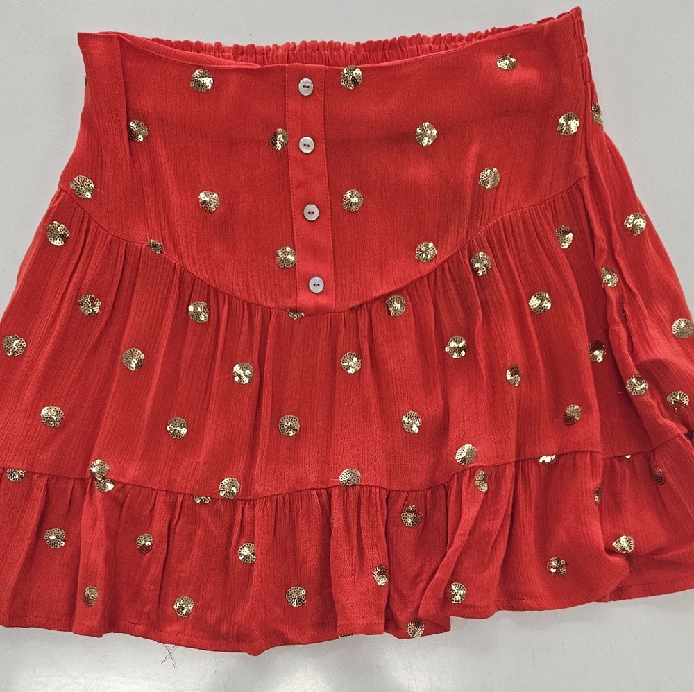 NWOT Traffic People Red and Gold Sequin Polka Dot Women's Skirt